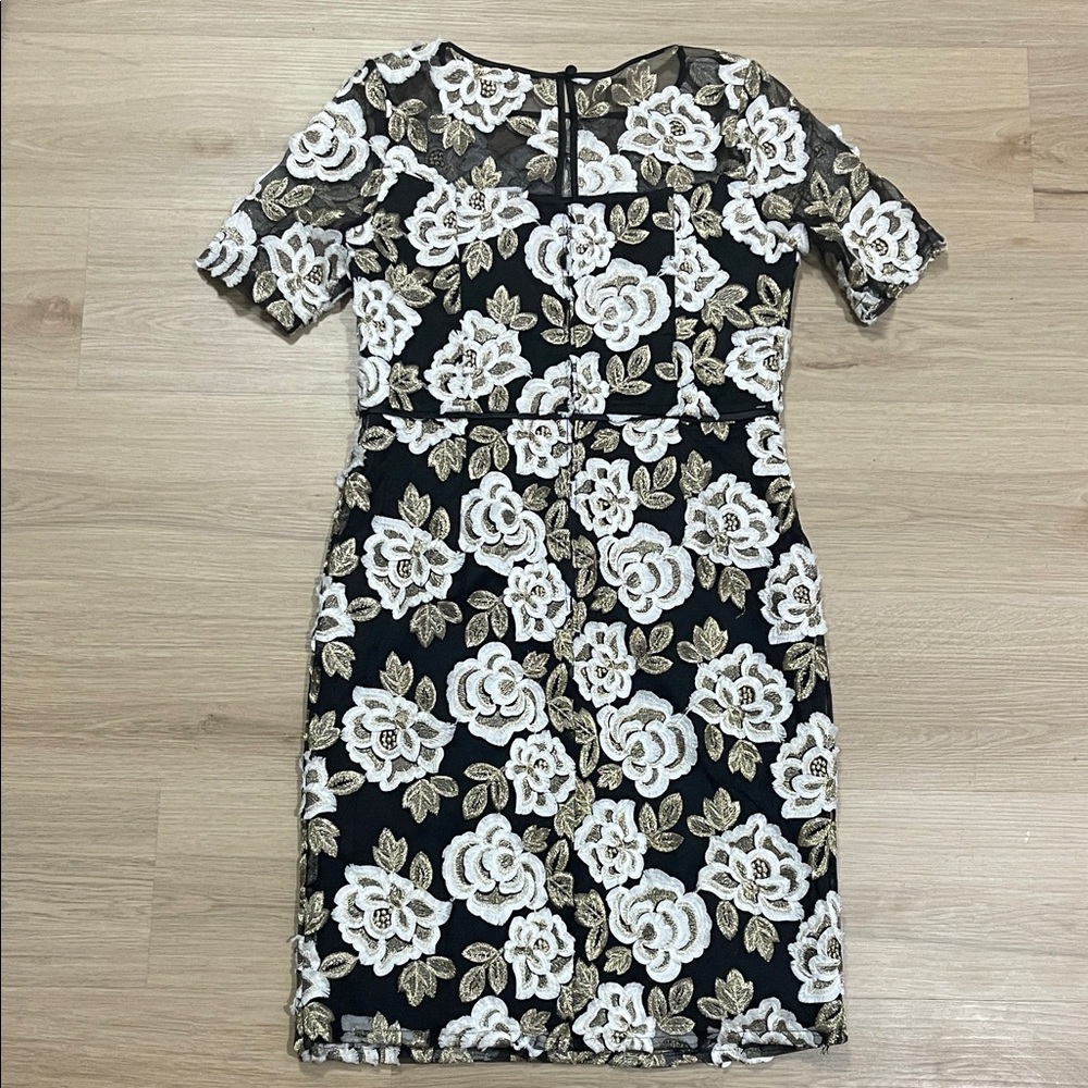 Adrianna Papell Black and White Floral Midi Dress with Gold Details - Picture 3 of 10